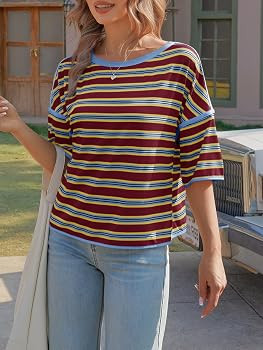 Tankaneo Womens Oversized Striped T-Shirts Summer Casual Color Block Short Sleeve Tops Drop Shoul... | Amazon (US)