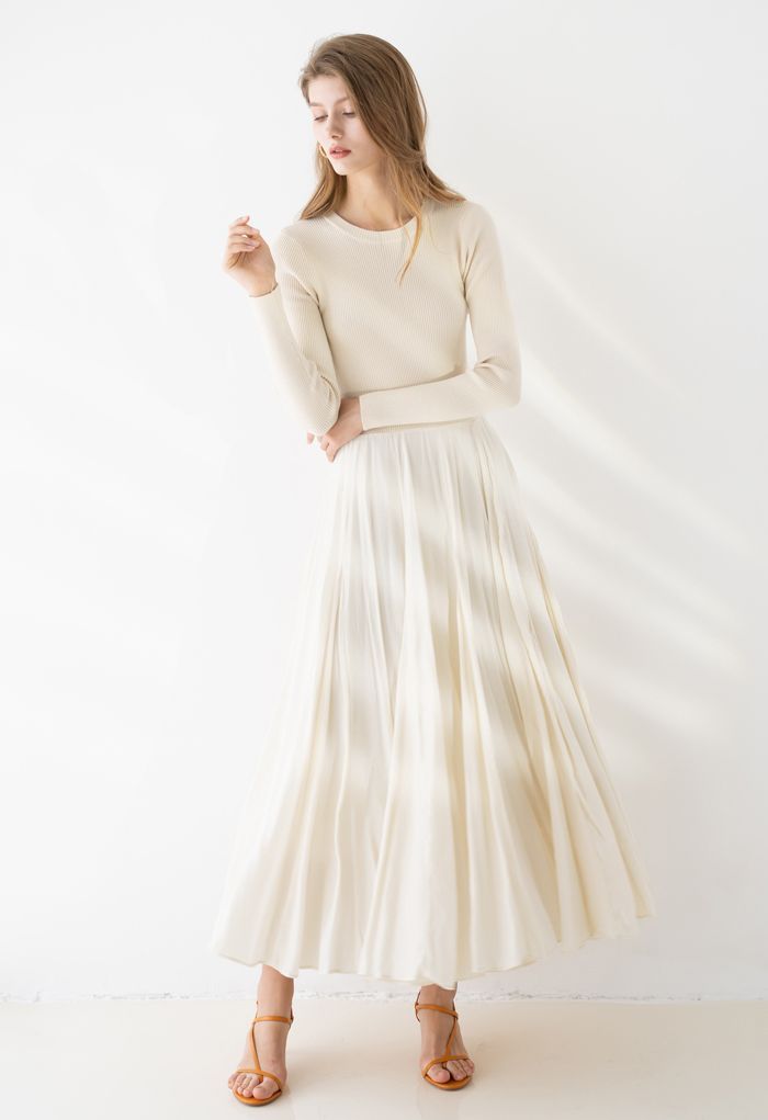 Knit Spliced Long Sleeves Maxi Dress in Cream | Chicwish