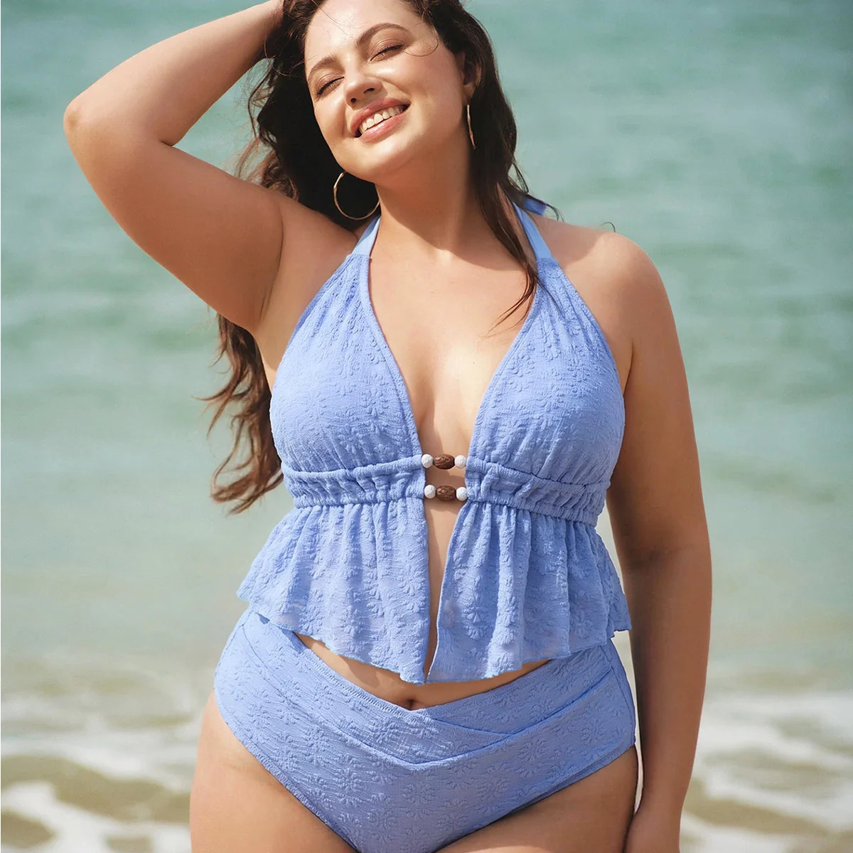 Blue Textured Halter Plus Size Tankini Top & Reviews - Blue - Sustainable Plus Size Tankinis | BE... | BERLOOK