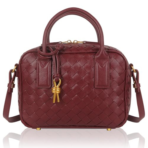 Woven Leather Crossbody Bag - Top Handle Bag - Woven Burgundy Purses for Women Braided Handbag - Soft Vegan Leather | Amazon (US)