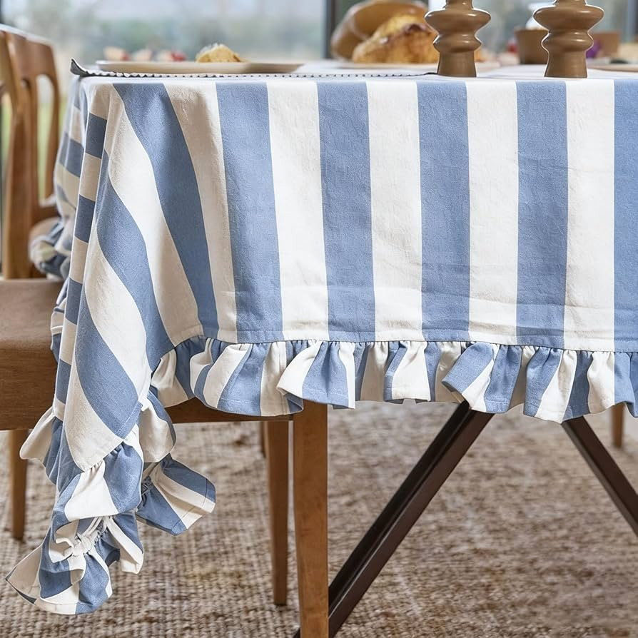 JarThenaAMCS Ruffle Tablecloth Cotton Table Cloth Light Blue Striped Decorative Rectangle Table C... | Amazon (US)