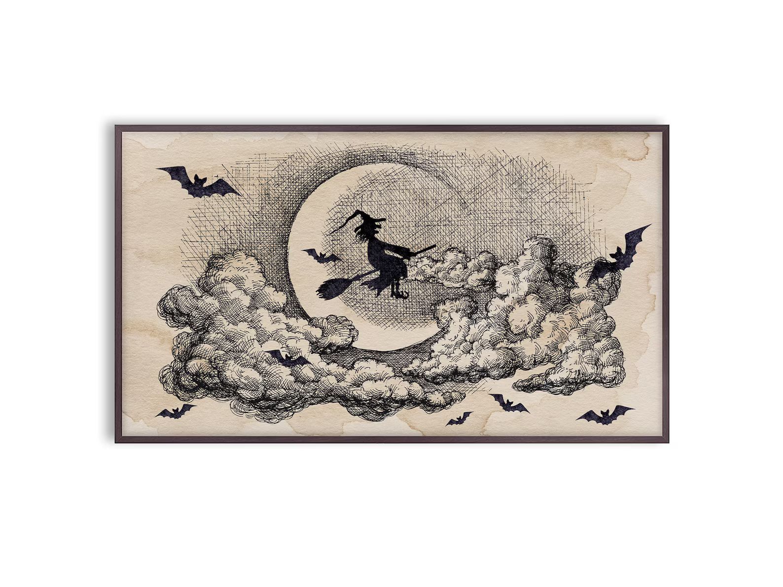 Halloween Frame TV Art Witch Riding Broom, Bats, Moon Grunge Drawing, Instant Download | Etsy (US)