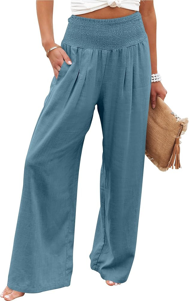 ANRABESS Women Linen Palazzo Pants Summer Boho Wide Leg High Waist Casual Lounge Pant 2026 Beach ... | Amazon (US)