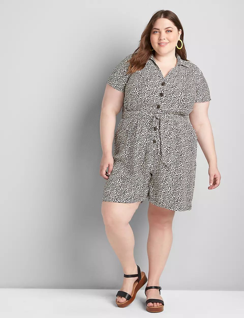 Short-Sleeve Collared Safari Romper | Lane Bryant (US)