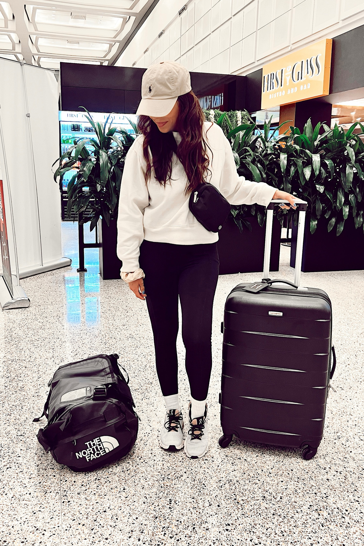 Airport outfit 
Travel outfit 
Luggage
Luggage tag 
White sweatshirt 
Everywhere belt bag 
Ralph Lauren hat
Amazon finds 


#LTKtravel #LTKstyletip #LTKfit