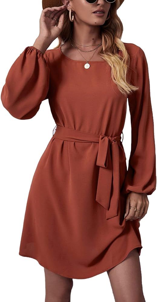 SheIn Women's Solid Long Bishop Sleeve Belted A Line Mini Dress Coral Orange Small at Amazon Wome... | Amazon (US)