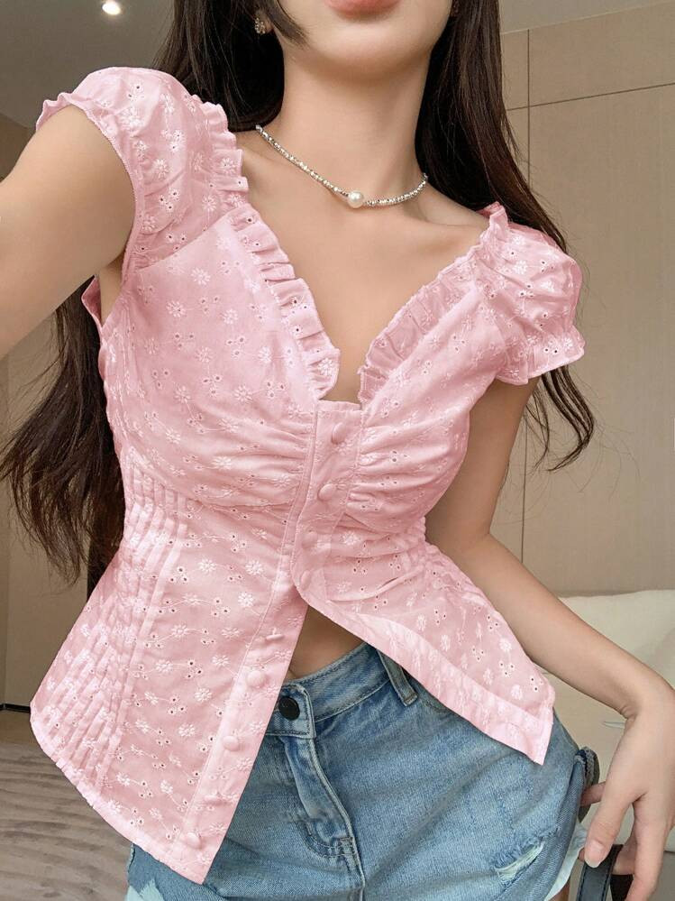 DAZY Valentine's Day Pink Lace Trim Jacquard Short Sleeve Women Shirt | SHEIN
