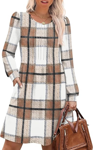 OFEEFAN Long Sleeve Dress for Women Pleated Crew Neck Casual Babydoll Sweater Dress with Pockets ... | Amazon (US)