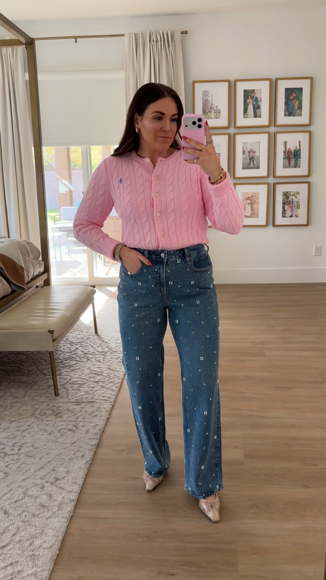 curvy midsize winter look. wearing size large in pink cable knit cardigan and size 30 in pearl embellished denim 

#LTKSeasonal #LTKHoliday #LTKMidsize