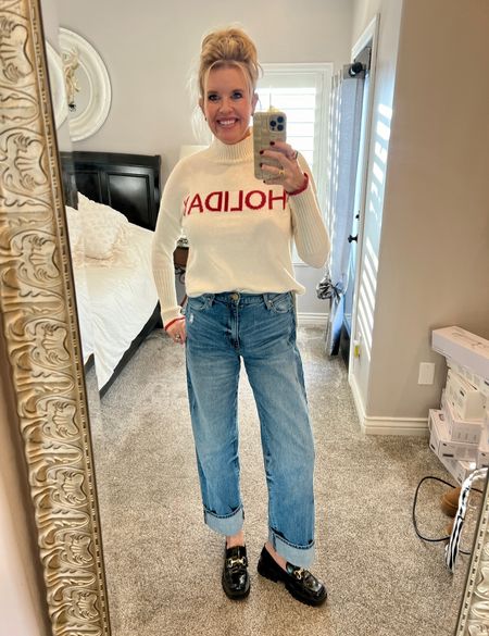 Outfit of the day 🎄

Casual Holiday look

Kut from the Kloth wide leg denim jeans high waisted tts
I am wearing on repeat and love♥️

Holiday sweater (sold out)
Links other similar options 
Merry sweater is 40% off


My go to Steve Madden platform loafers Gucci dupe 
So good 



#LTKGiftGuide #LTKstyletip #LTKsalealert