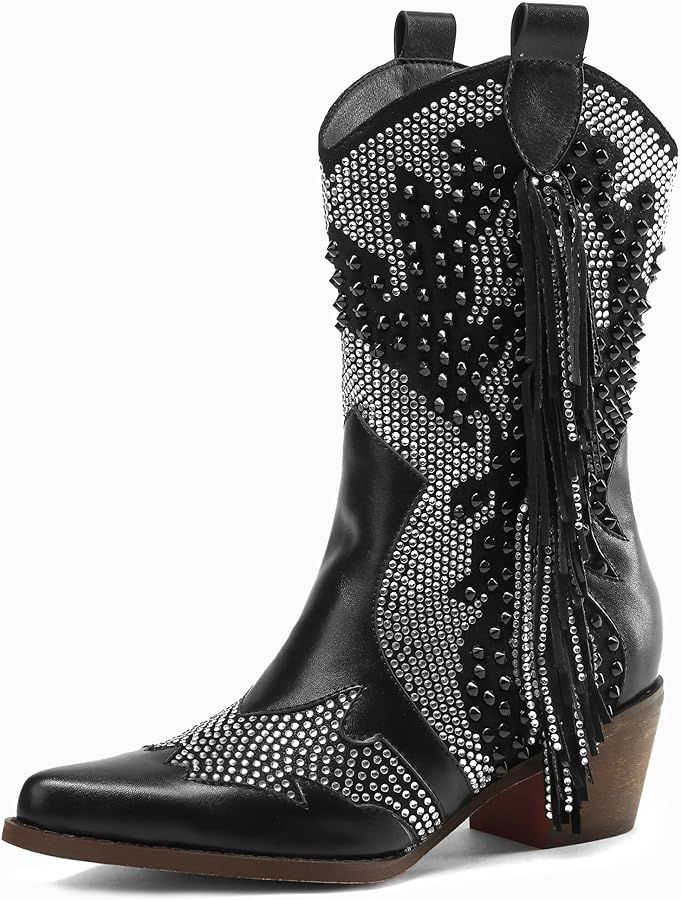 Ankle Boots for Women Pointed Toe Rhinestone Boots Chunky Heel Rivet Western Cowboy Boots With Ta... | Amazon (US)