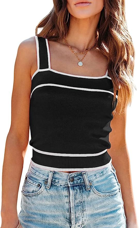 Dokotoo Women's Square Neck Knit Crop Tank Tops Slim Fit Y2K Color Block Sleeveless Cami Shirts | Amazon (US)