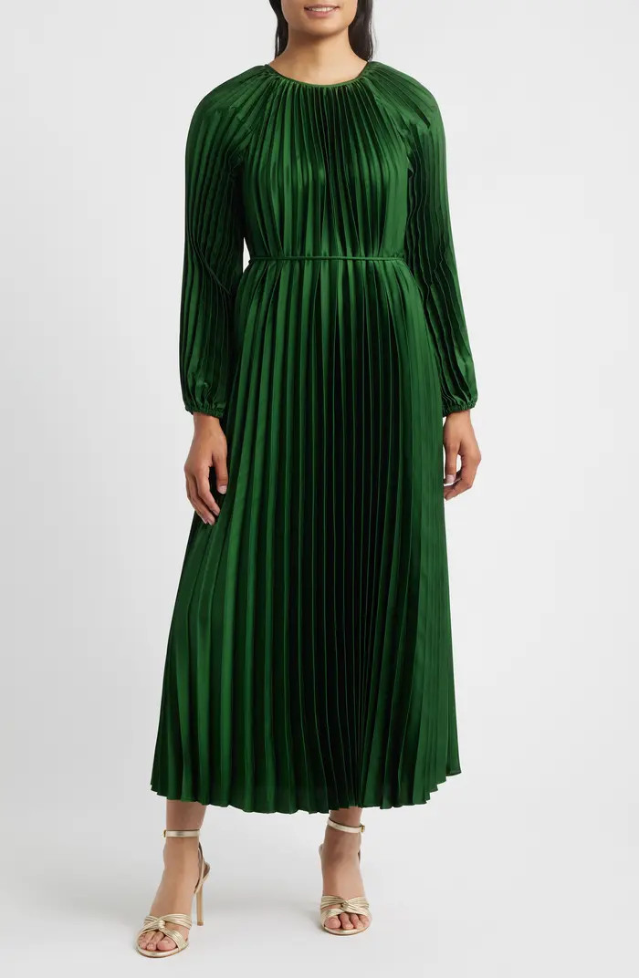 Pleated Long Sleeve Satin Midi Dress | Nordstrom
