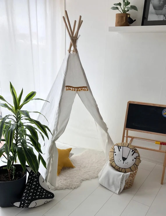 Tipi tent for kids MUSTARD FRINGE - Linen teepee tent, Linen teepee tent, Kids Tipi, Indian Toddl... | Etsy (UK)