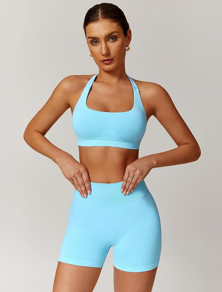 ABOCIW Womens Seamless Workout Sets Halter Sports Bra High Waist Scrunch Butt Impact Shorts 2 Pie... | Amazon (US)