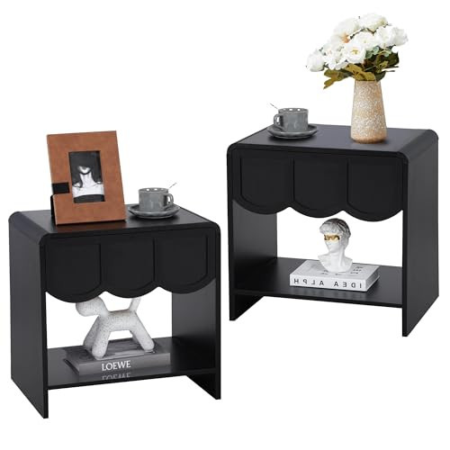 Night Stand Set of 2, Mid Century Modern Farmhouse Wood Nightstand with Wave Panel Drawer, Bed Side End Table for Small Space, Living Room - Black | Amazon (US)