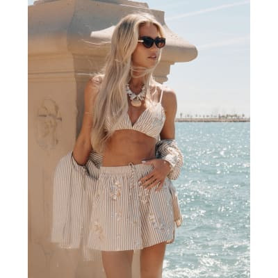 Beige Cotton Blend Striped Embellished Shorts | River Island UK & IE