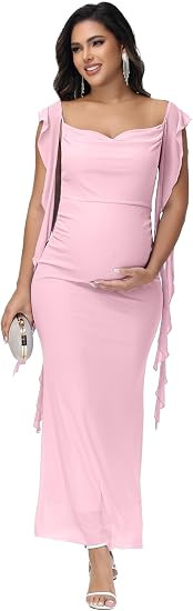 Women's Maternity Draped Neck Ruffle Baby Shower Dress for Photoshoot Party Bodycon Long Dress | Amazon (US)