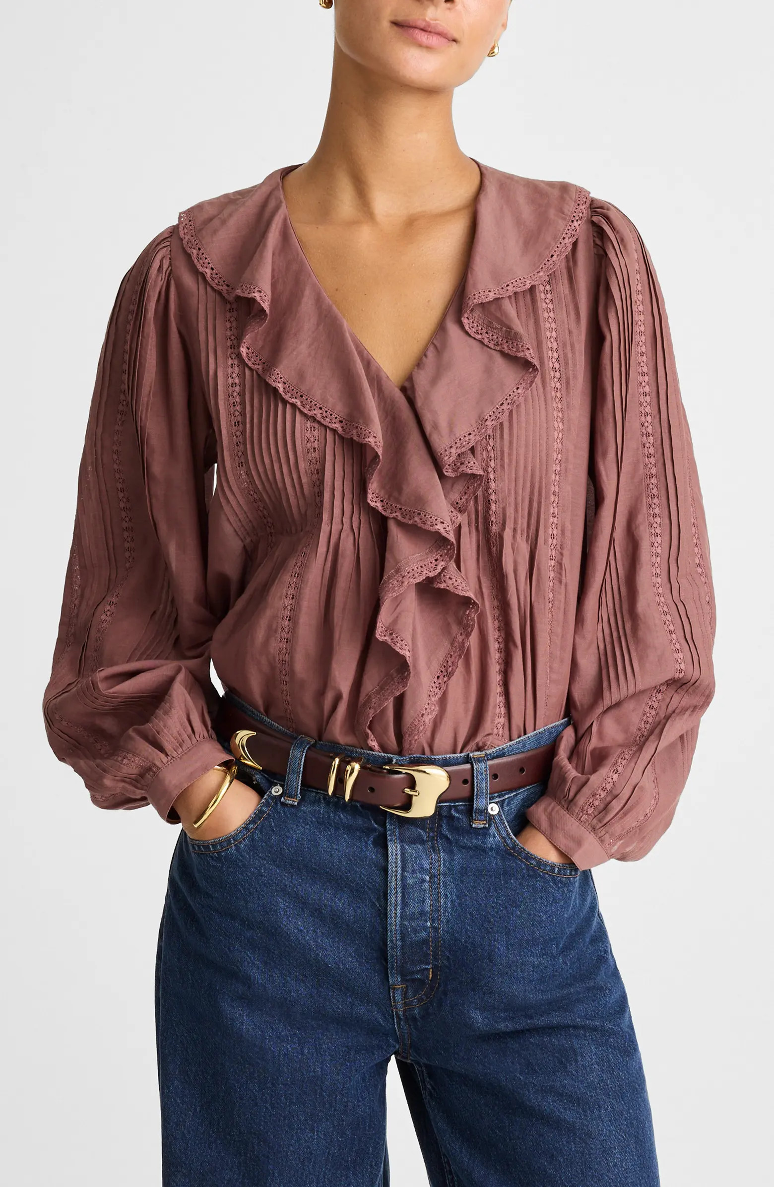 Lace Insert Ruffle Pintuck Long Sleeve Top | Nordstrom