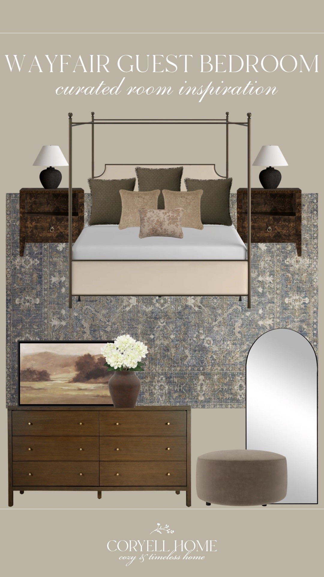 Guest bedroom inspiration with all finds from @Wayfair 🤍 This canopy bed is our guest room bed, and I’ve been loving moodier, cool-toned area rugs! Such pretty finds for a transitional home space.