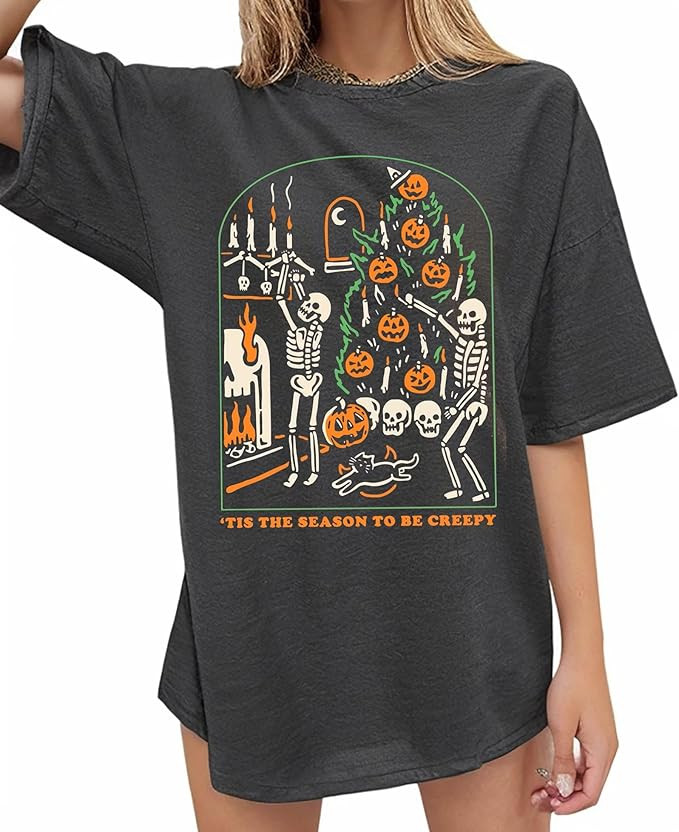 Halloween Oversized Tshirts Women Long Live Doodles Halloween Tees Vintage Horror Shirt Casual Sh... | Amazon (US)