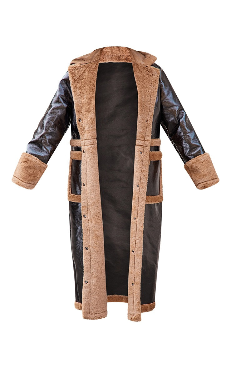 Black Vinyl Maxi Contrast Faux Fur Coat | PrettyLittleThing US