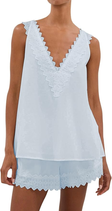 Women 2 Piece Lounge Sets Sleeveless V Neck Lace Trim Tank Top and Shorts Boho Casual Summer Vaca... | Amazon (US)
