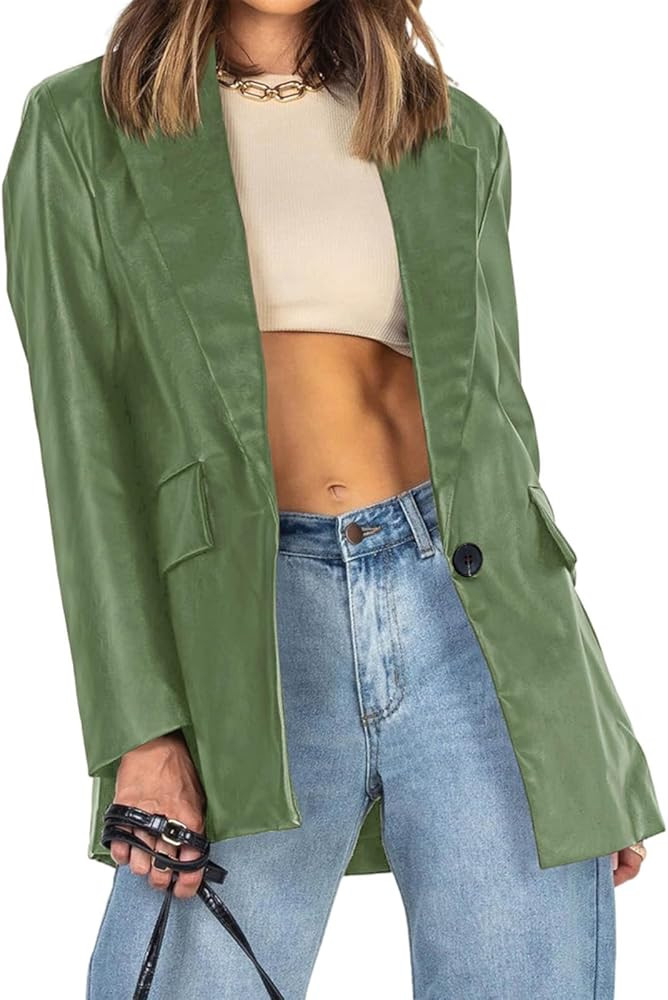 Pepochic Womens Oversized Leather Jacket Long Sleeve Faux Leather Blazer Lapel Button Down Leathe... | Amazon (US)