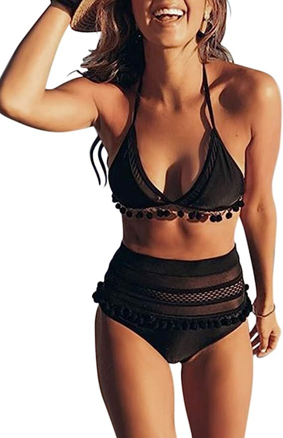 Bdcoco Women's High Waist Two Pieces Bikini Set Halter Straps Tassel Swimsuit | Amazon (US)