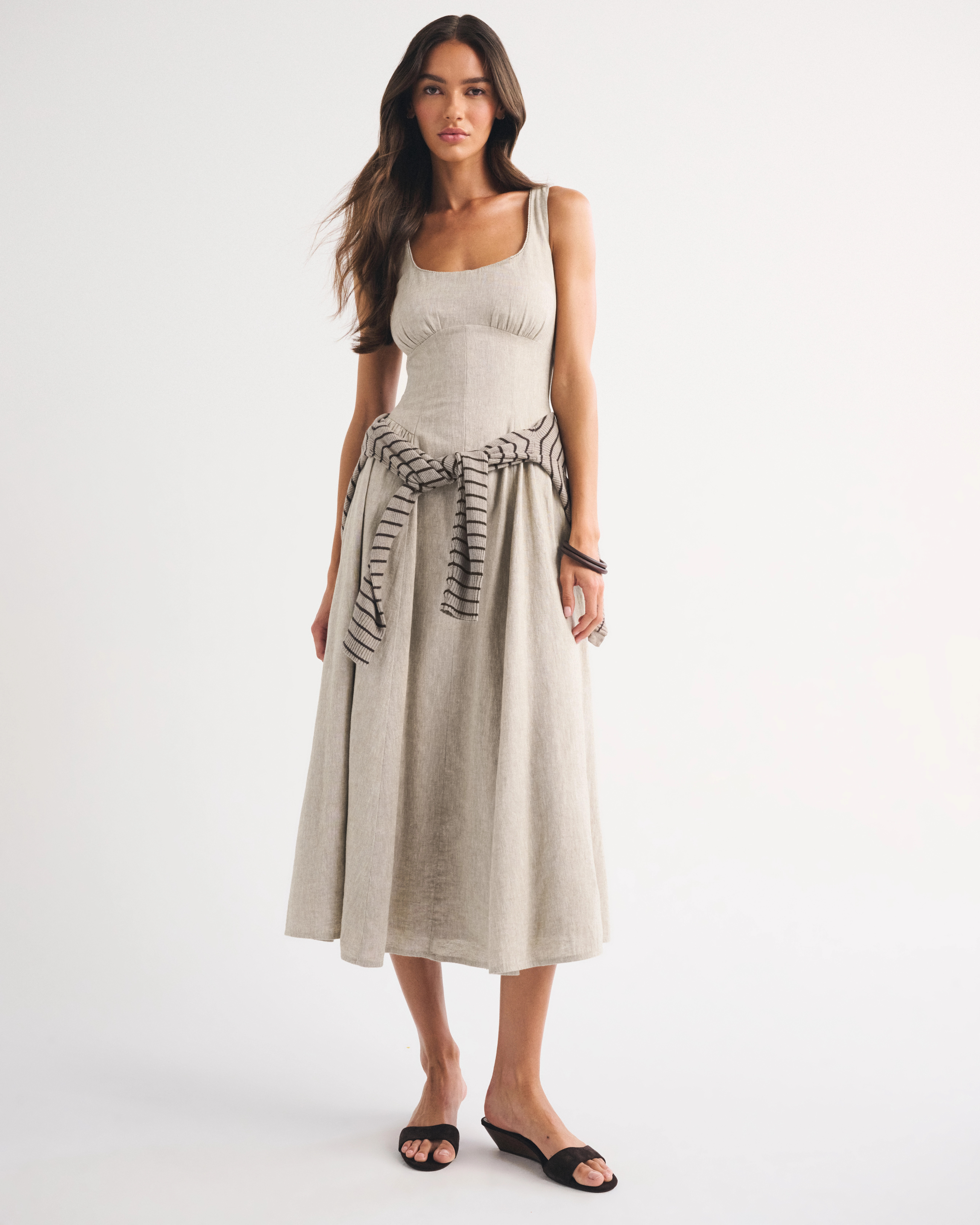 Linen-Blend A&F Bra-Free Dylan Midi Dress | Abercrombie & Fitch (US)