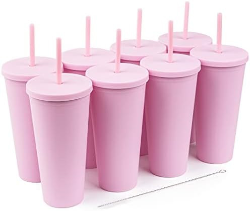 Tumblers with Lids (8 pack) 22oz Pastel Colored Acrylic Cups with Lids and Straws | Double Wall Matt | Amazon (US)