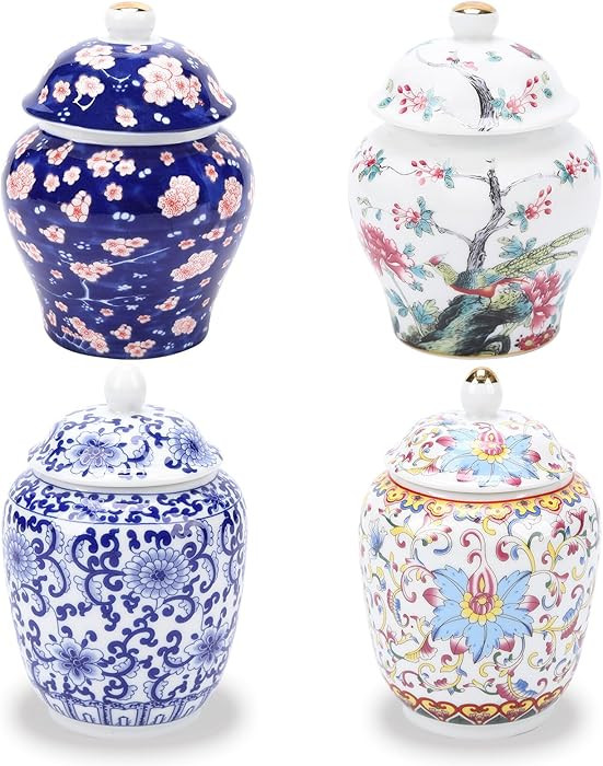 Set of 4 Small Blue and White Chinoiserie Porcelain Vases - Ginger Jars for Home Decor, Bedroom, ... | Amazon (US)