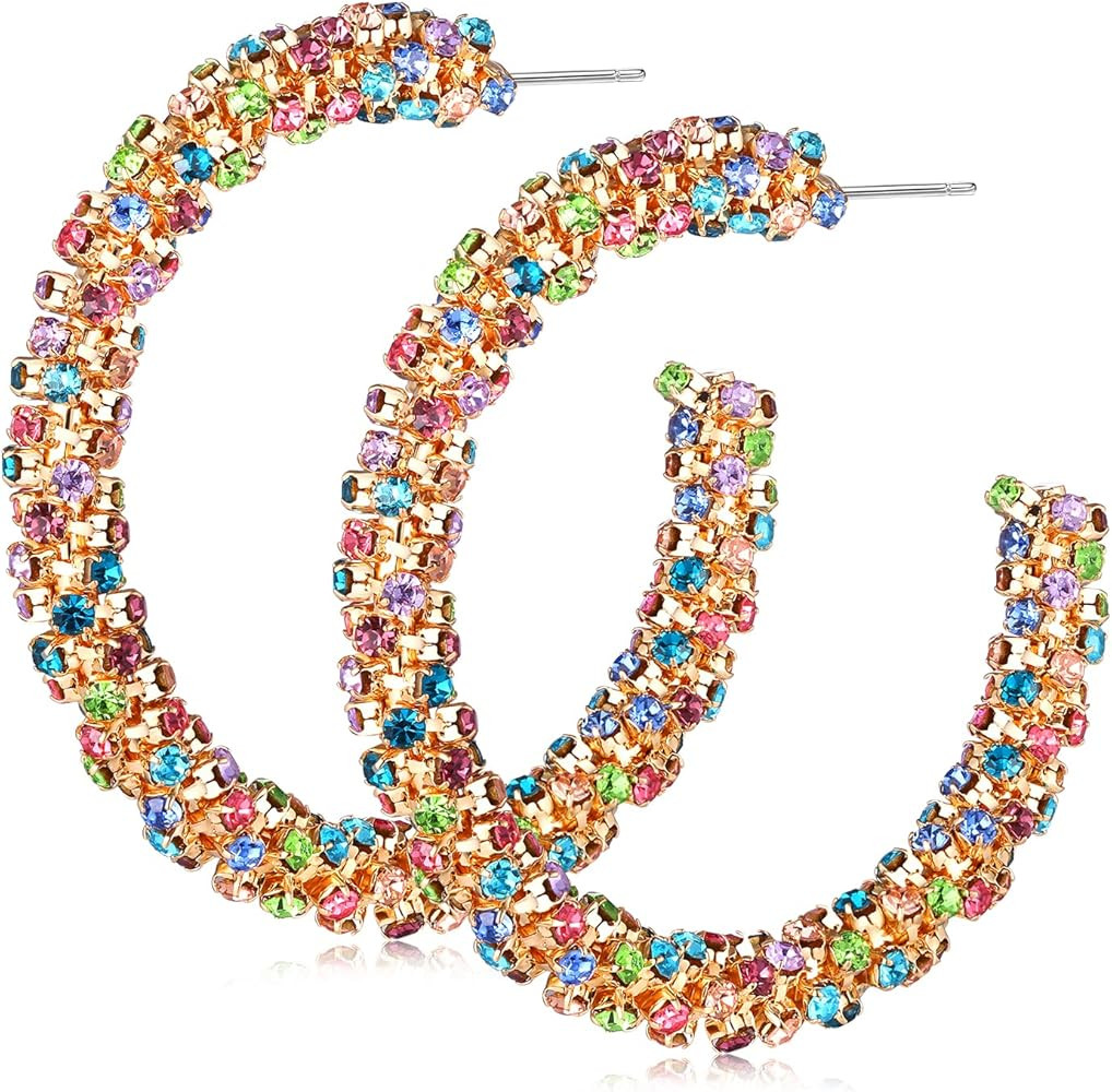 Rhinestone Hoop Earring for Women Sparkly Crystal Wrapped Hoop Dangle Earrings Statement Boho Gol... | Amazon (US)