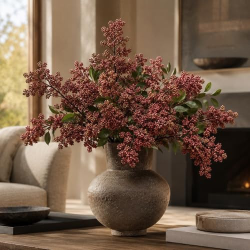 ZJGXH 43" Faux Berry Stems for Vase, Faux Stems for Vase Filler Realistic Berry Picks Artificial Branches for Floor Vase, Fall, DIY Bouquet, Shower, Farmhouse Mantel, Home Decor, 3 Pcs Muted Burgundy | Amazon (US)