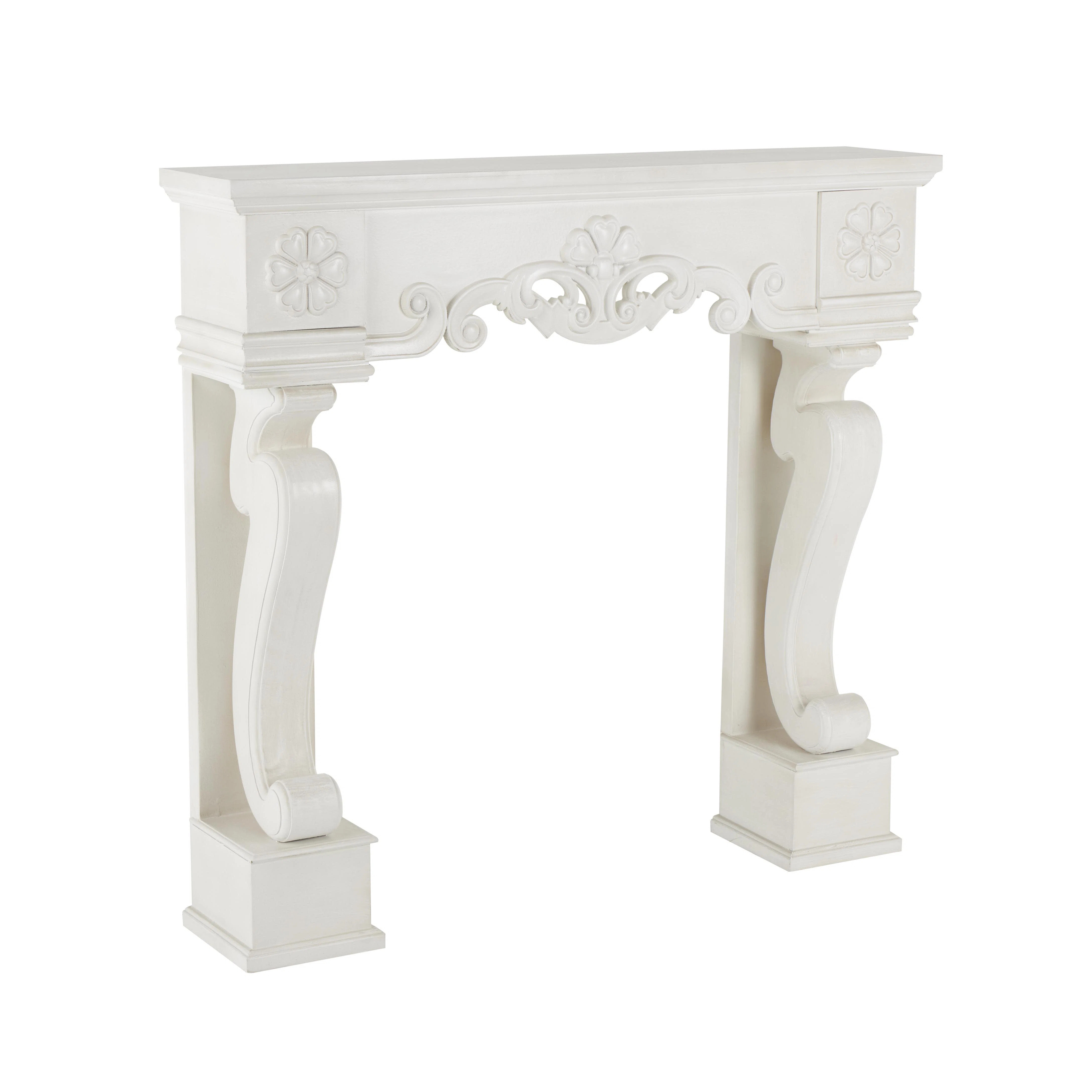 One Allium Way Cole And Grey Wooden Freestanding Scroll Fireplace Mantle With Floral Accents | Wa... | Wayfair North America