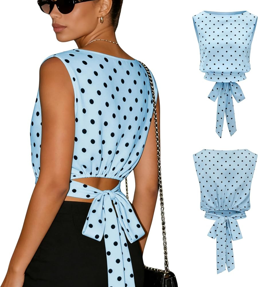 Omoone Women's Polka Dot Tank Top Y2K Sleeveless Boat Neck Tie Back Bow Cropped Vest Tunic Tops S... | Amazon (US)
