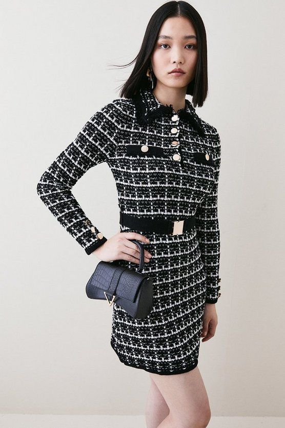 Check Tweed Long Sleeve Collar Knit Mini Dress | Karen Millen US