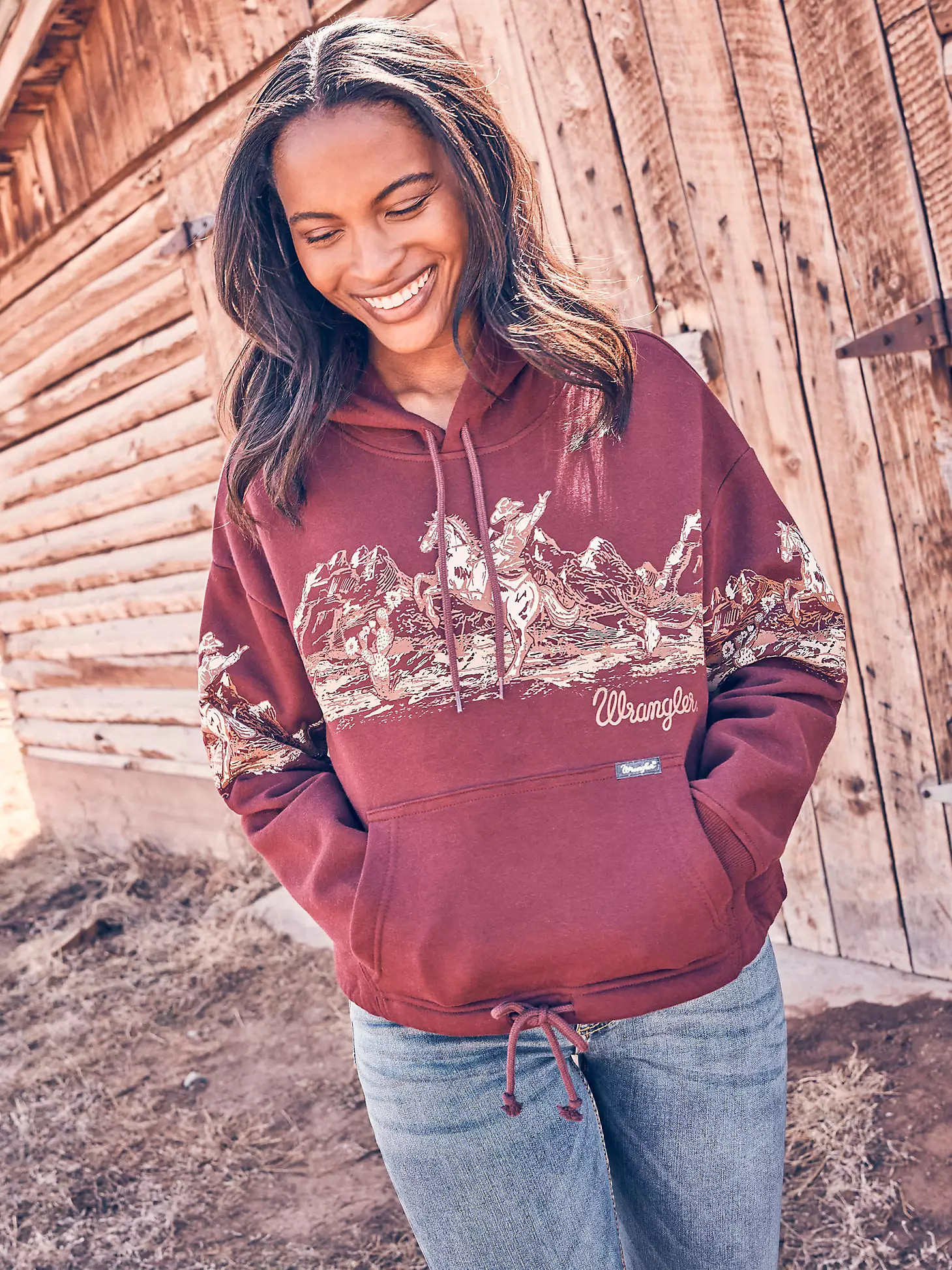 Womens Cowboy Panorama Graphic Cinched Hoodie:Port Royale:S | Wrangler