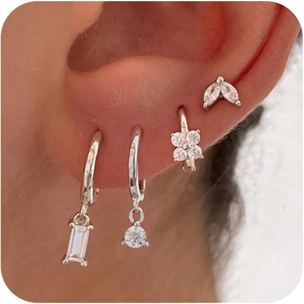 Silver Earrings for Women,Dainty 14k Gold/Silver Plated Lightweight Huggie Hoop Earrings Set Tren... | Amazon (US)