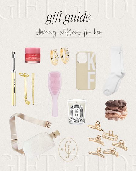 Cella Jane stocking stuff gift guide for her. Lip balm, hoop earrings, personalized phone case, cozy socks, candle lighter, detangling brush, candle, satin scrunchies, sherpa belt bag, hair clips  

#LTKHoliday #LTKstyletip