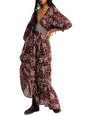 Argeousgor Boho Flowy Maxi Dress for Women Puff Long Sleeve Square Neck Embroidered Swing Tiered ... | Amazon (US)
