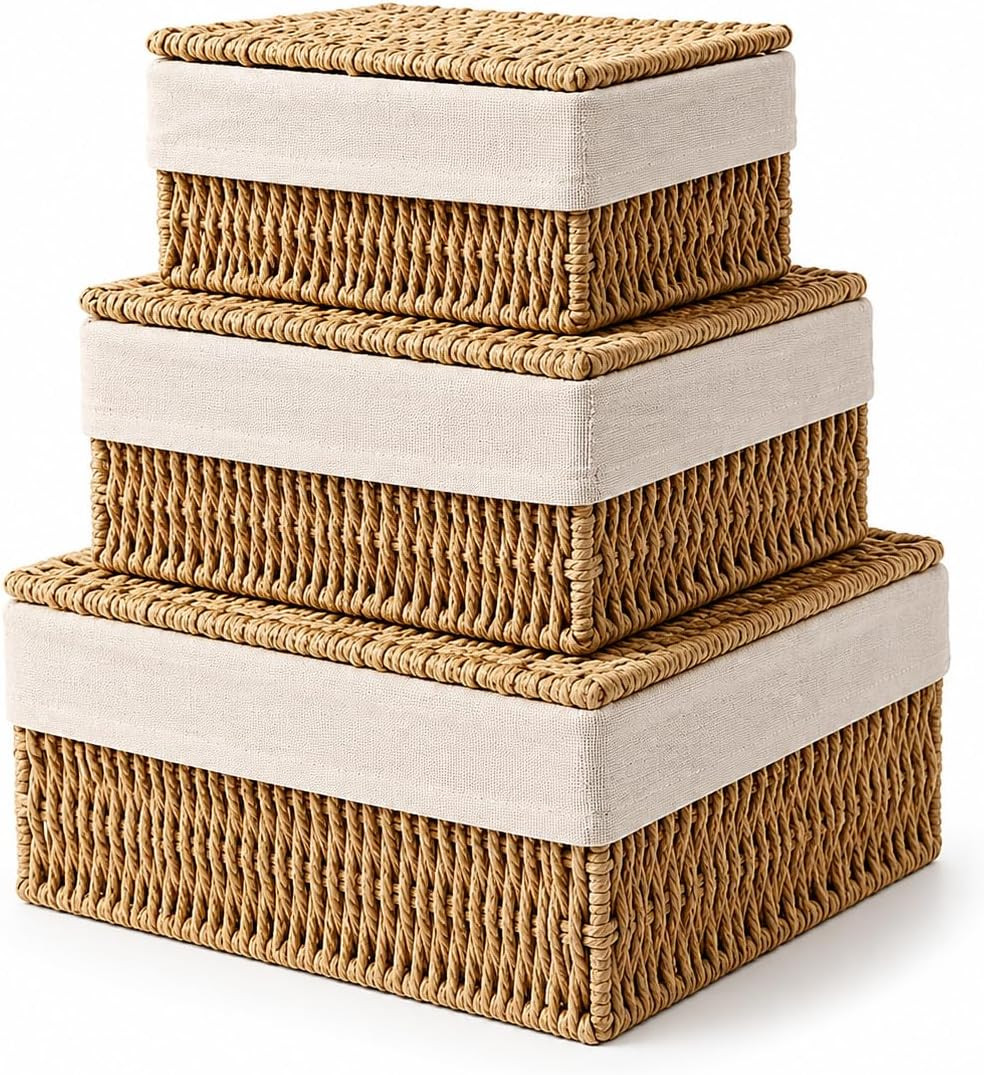Storage Baskets with Lids Set of 3, Woven Bins with Liner | Amazon (US)