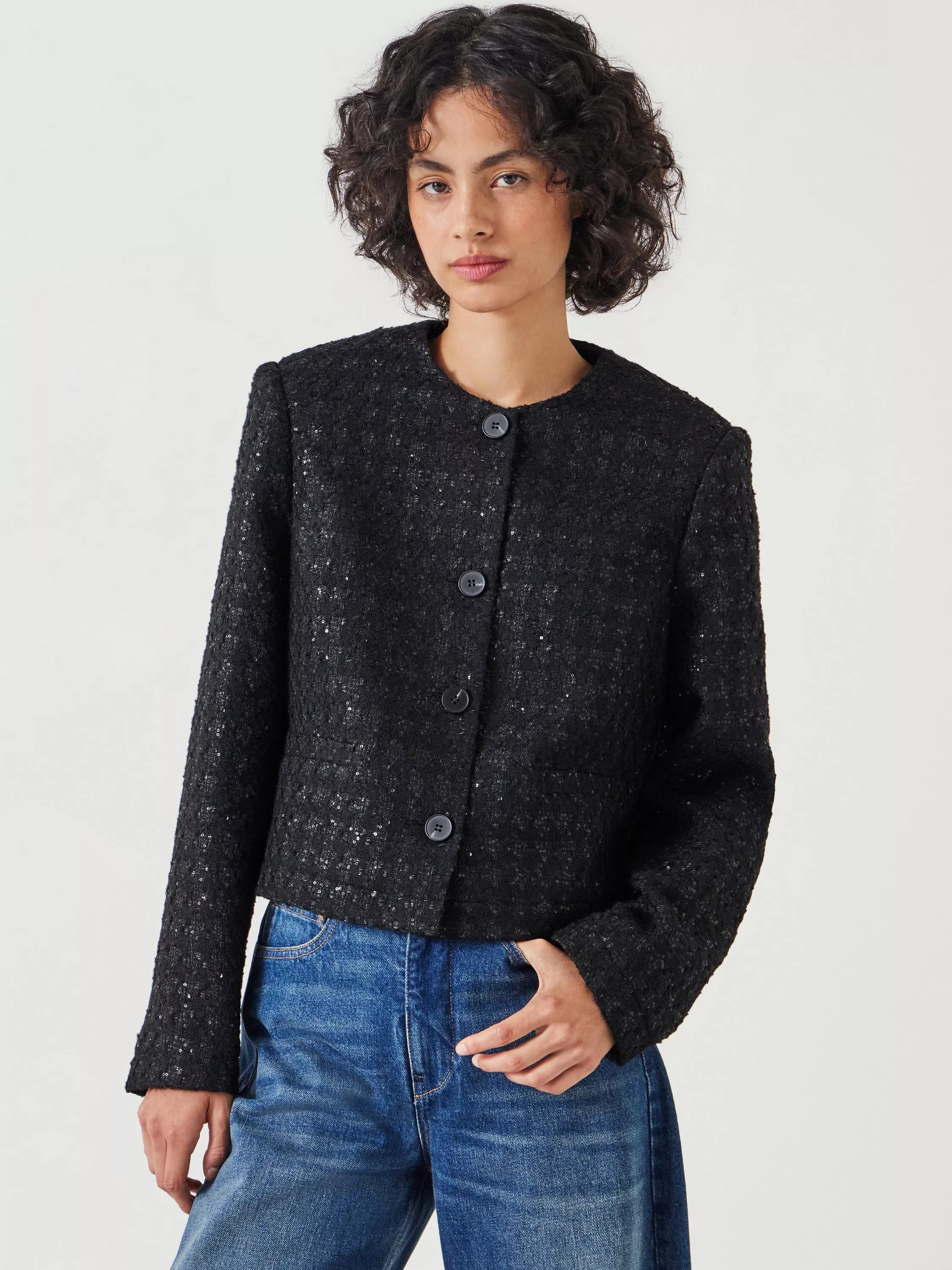 HUSHEster Sequin Boucle Jacket, Black | John Lewis (UK)