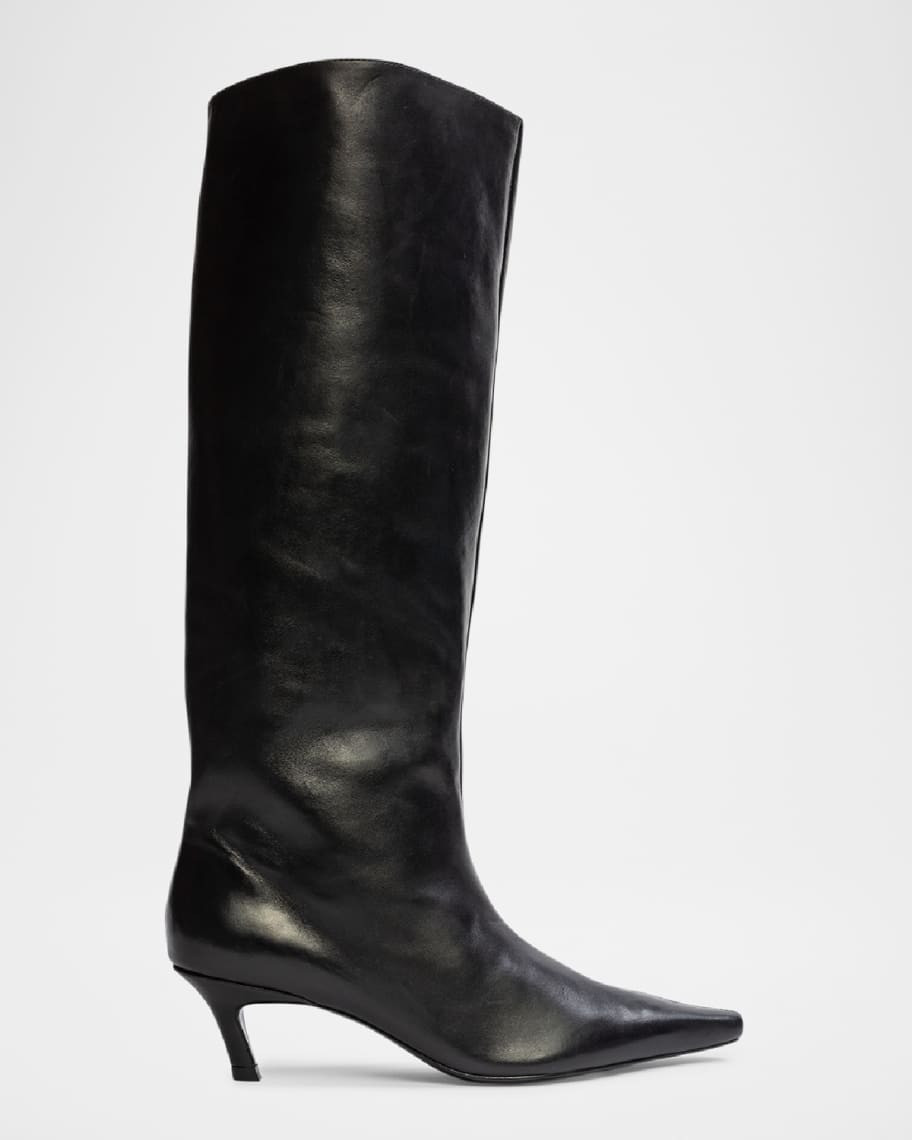 Black Suede Studio Stass Leather Kitten Knee Boots | Neiman Marcus