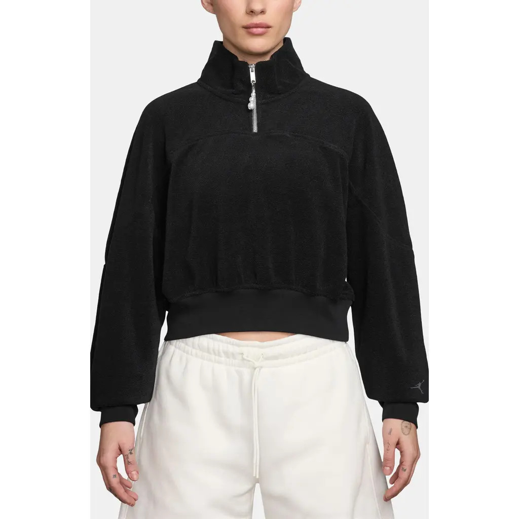 Jordan Flight Fleece Quarter Zip Crop Sweatshirt in Black/Black at Nordstrom, Size Small | Nordstrom