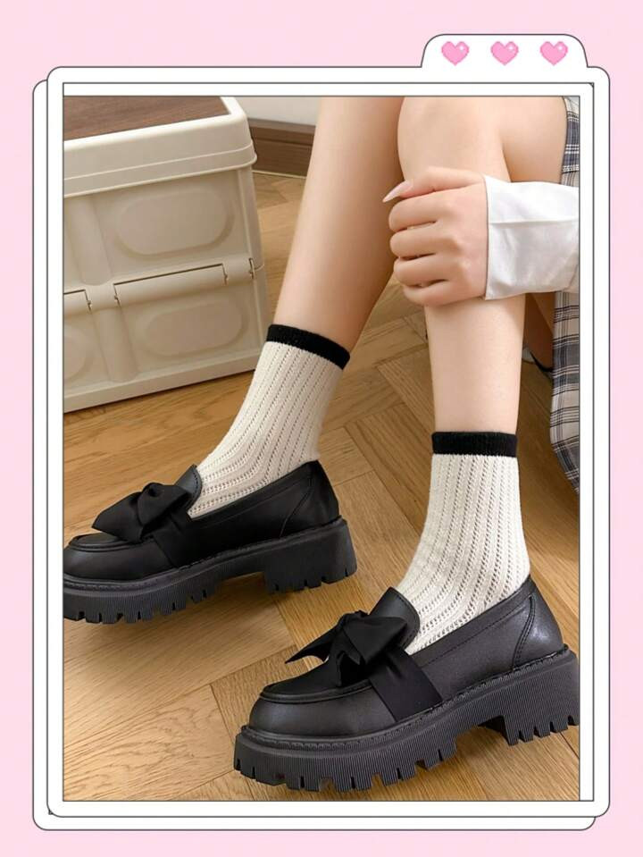 2024 New Arrival Women Black Thick Heel High Heels, British Style Mary Jane Loafers With Bow Knot... | SHEIN