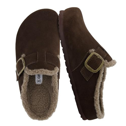 CUSHIONAIRE Haven Genuine Leather Clogs for Women – Faux Fur Lined Slip-On Womens Shoes with Cork Footbed and Adjustable Buckle, Brown 10W | Amazon (US)