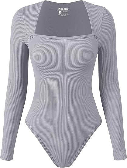 OQQ Women's Bodysuits Sexy Ribbed Square Neck Long Sleeve Tummy Control Casual Fall Bodysuits | Amazon (US)