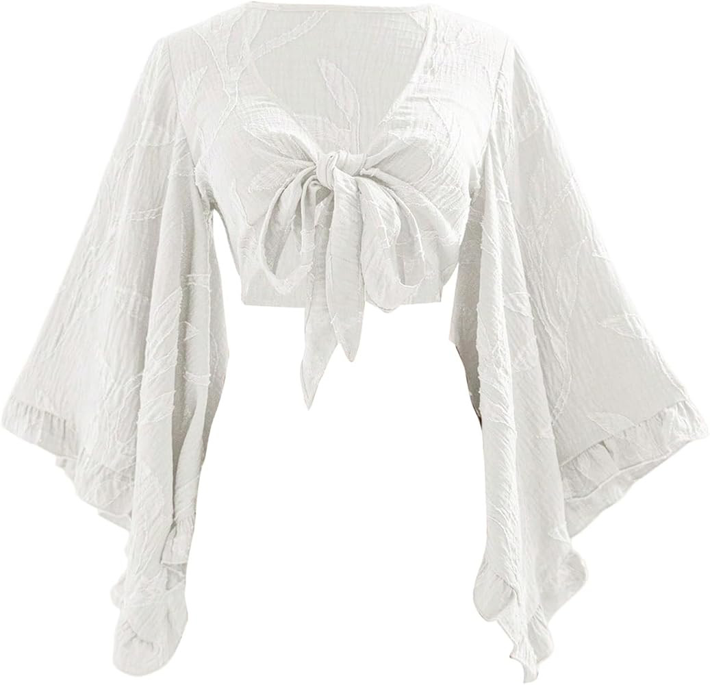 Women's Floral 70s Top Hippie Shirt Bow Tie Front Disco Deep V Ruffle Blouse | Amazon (US)