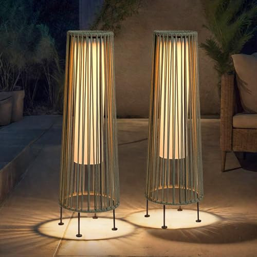 TRIROCKS Outdoor Floor Lamp 2 Piece Solar Powered Lantern Wicker Solar Patio Lamp with Olifen Rope Waterproof Rattan Outside Solar Deck Light for Patio Garden Lawn Yard (Grey) | Amazon (US)